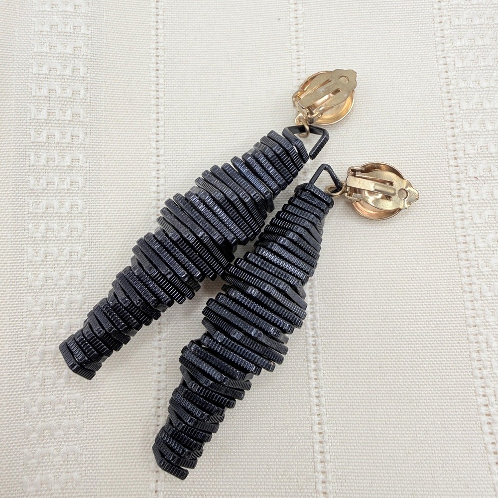 Vintage Chunky 80s Long Black Spiral Twist Geometric Clip-On Earrings